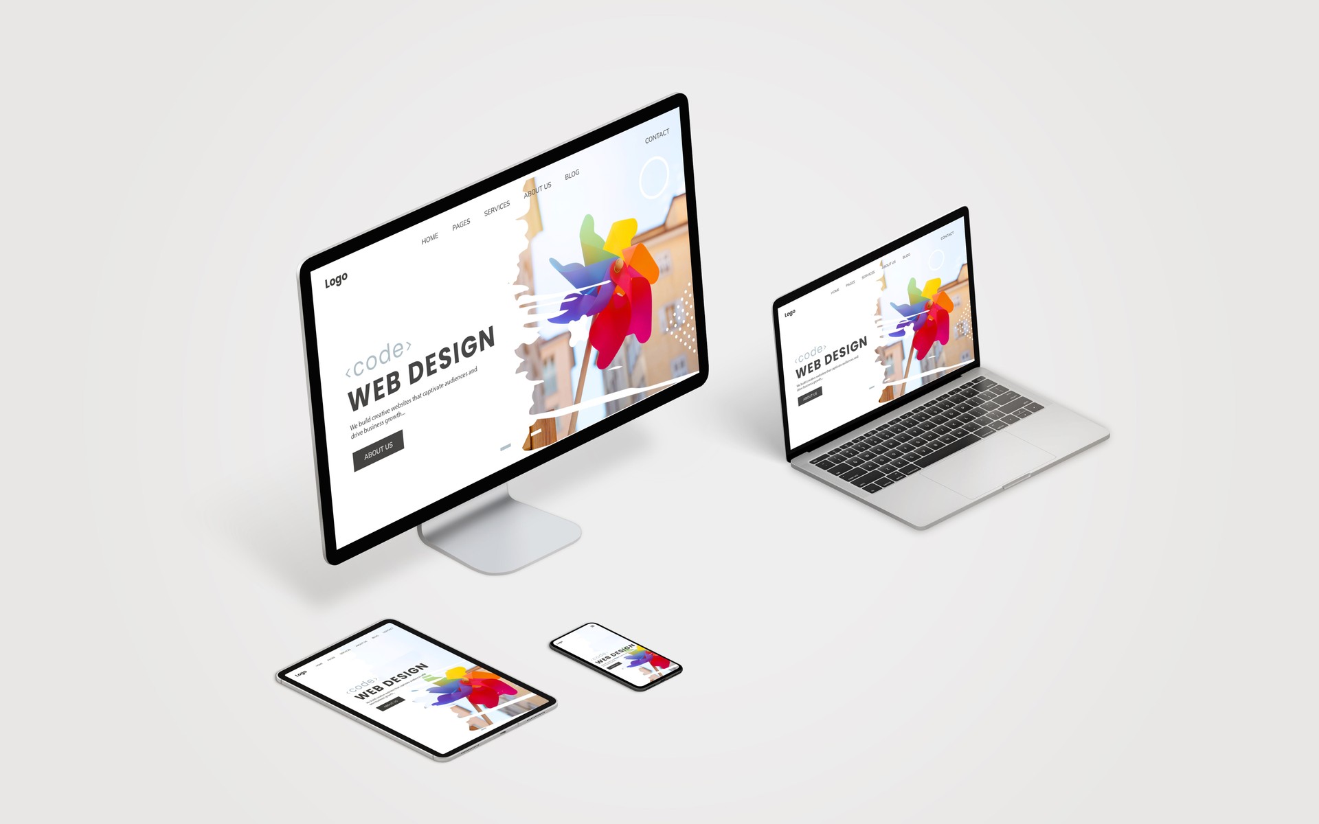 Responsive displays showcasing a web design optimized for desktop, laptop, tablet, and mobile screens, promoting the importance of responsive design and scalable web applications for diverse devices